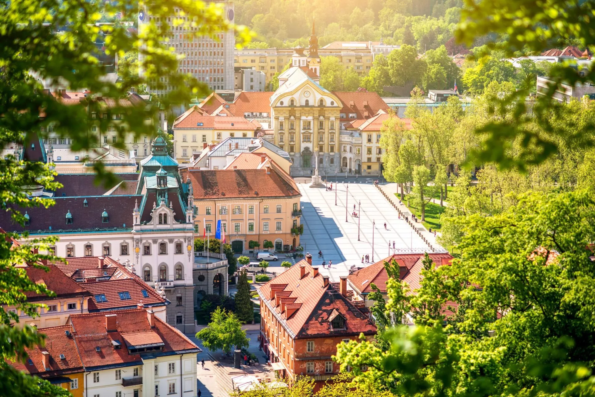 Aerial cityscape view with Ursuline church of the Holy Trinity in Ljubljana