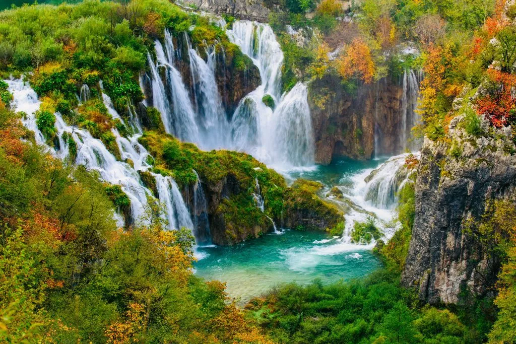 Detailed view of the beautiful waterfalls in the sunshine in Plitvice National Park, Croatia