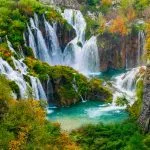 Detailed view of the beautiful waterfalls in the sunshine in Plitvice National Park, Croatia