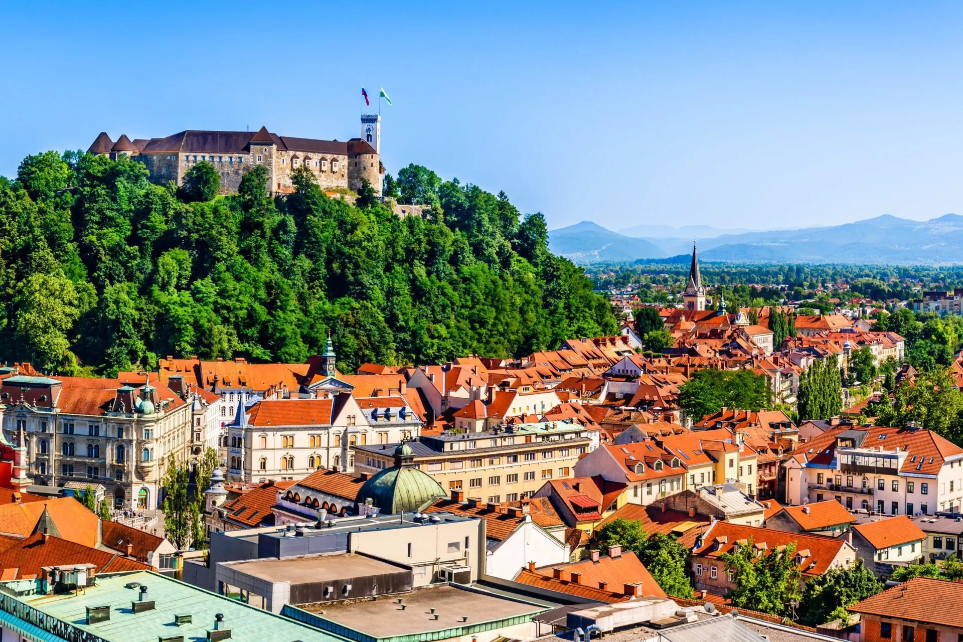 Altstadt und die mittelalterliche Burg von Ljubljana auf einem Waldhügel in Ljubljana, Slowenien