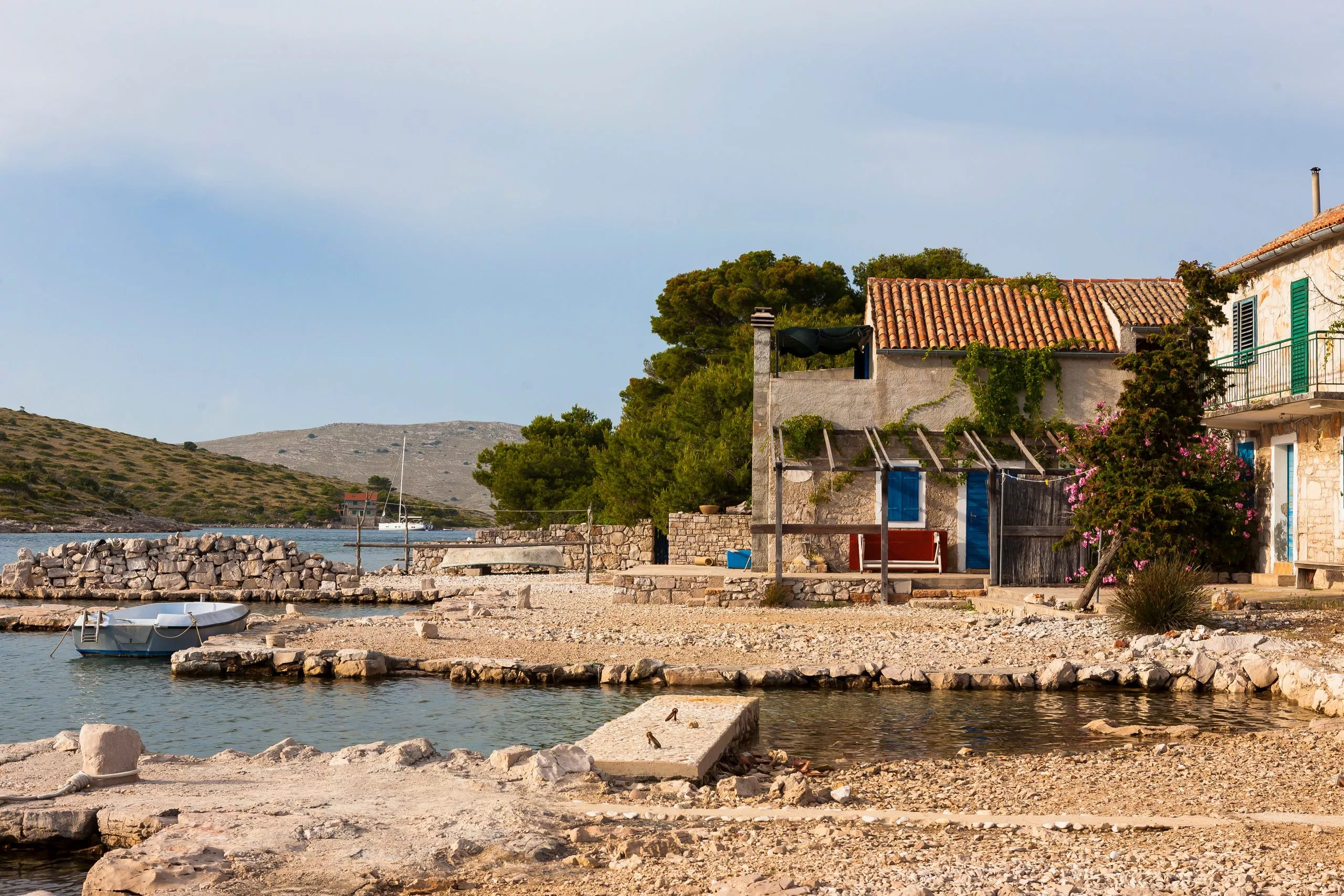 Tiny hamlet inhabited only in Summer on the bay on the island of Lavsa in the Kornati National Park, Croatia