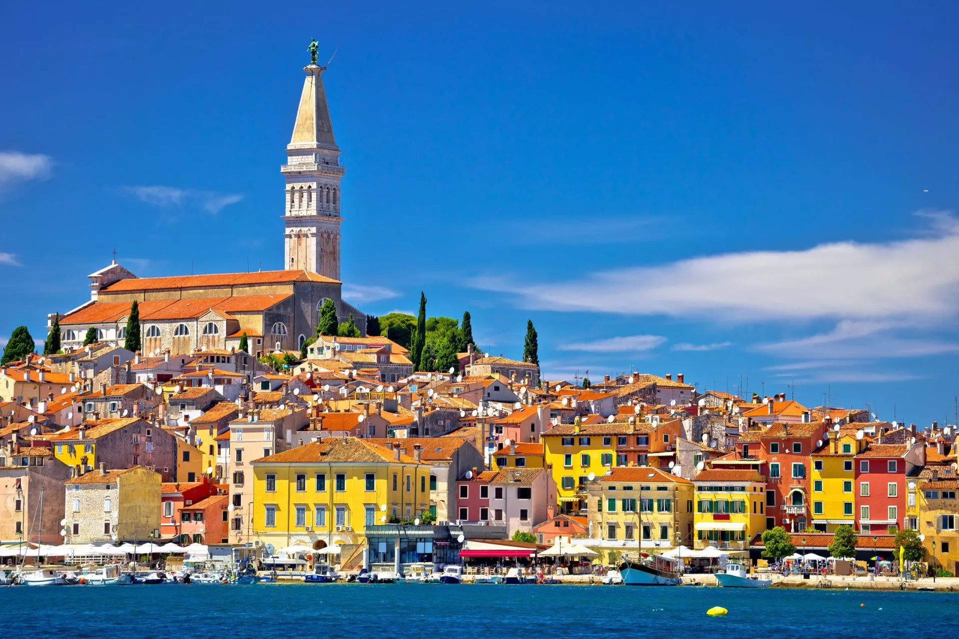 Die Stadt Rovinj mit antiker Architektur und Blick aufs Wasser